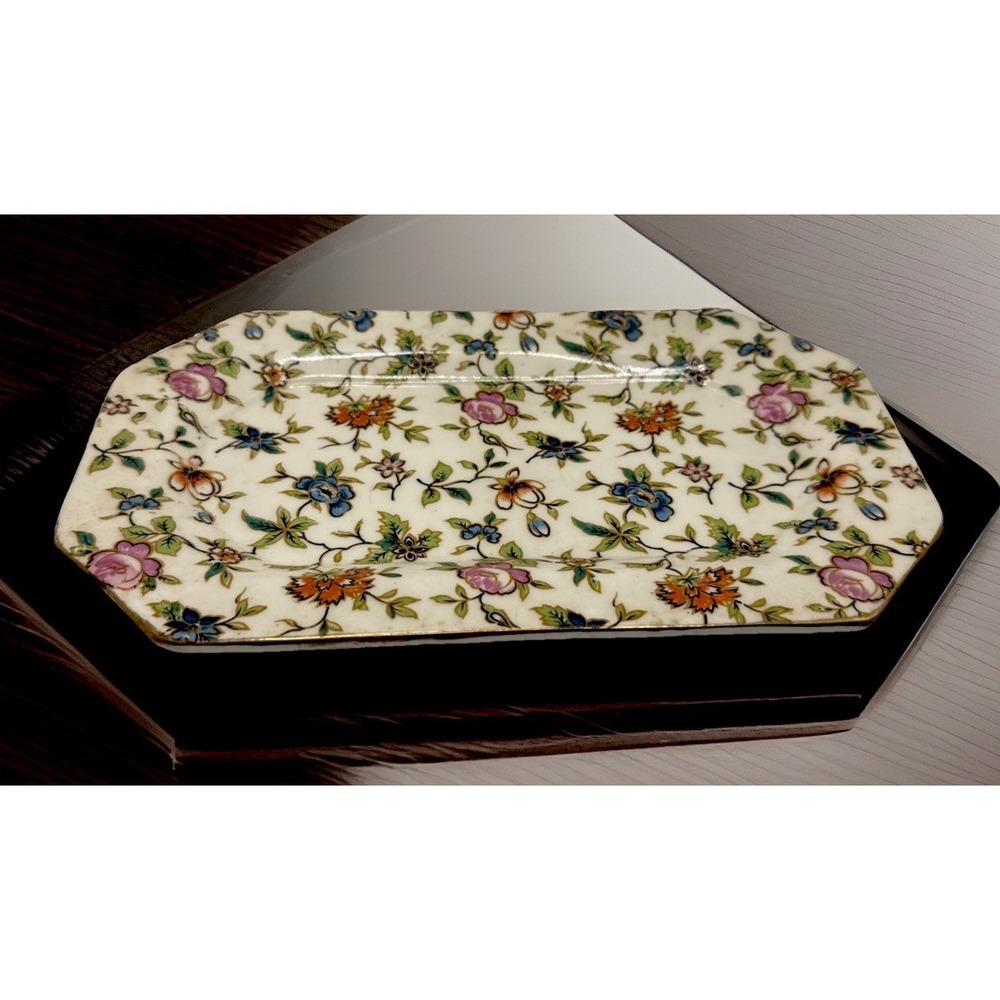 Antique Japanese Chintz Tray Mori-Machi Floral Gold Trim Hand painted